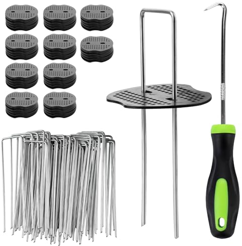Velway 100 Weed Control Membrane Pegs + 100 Buffer Washer, 6/150mm Weed Mat Metal Garden Landscape Staples Artificial Grass Pins Ground Cover Mossing Fabric Artificial Barrier Pegs Accessories
