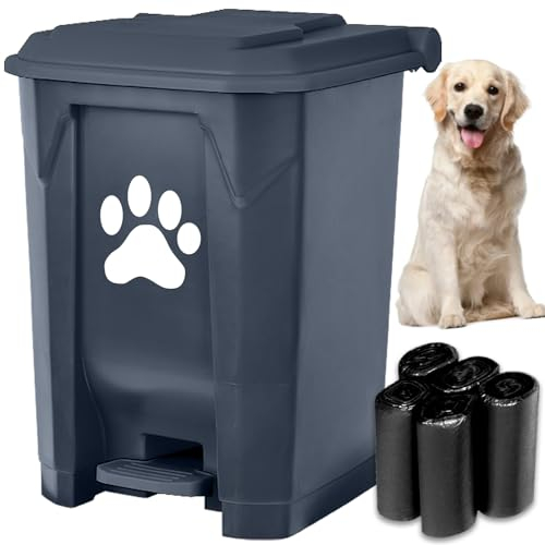 tebiete Dog Poop Trash Can Outdoors Pet Waste Station with Lid Dog Waste Disposal Container with Removable Inner Bin Bucket Hands-Free Pedal Garden Yard Home with 5Rolls Waste Bags, 15 L/4Gal Grey