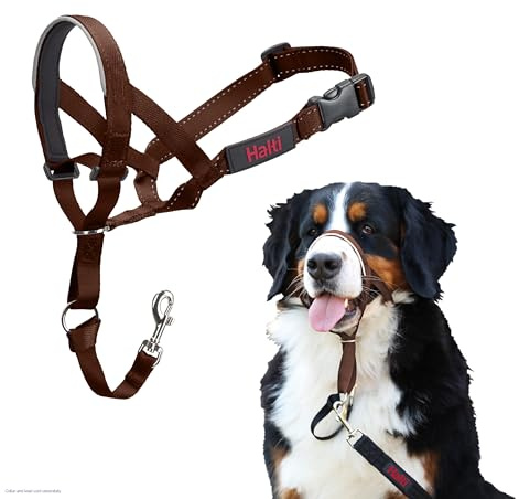 HALTI Kopfgeschirr - Verhindert, dass Ihr Hund an der Leine zieht, Einfache Anpassung, Leicht, mit gepolstertem Nasenriemen, Anti-Zug-Halsband für große Hunde (Größe 4, Walnussbraun)
