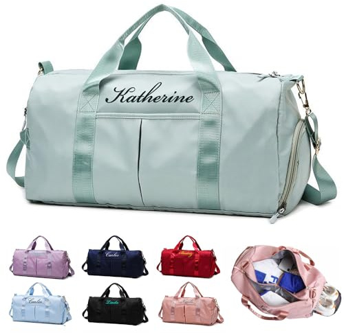 Personalisierte Sporttaschen Mit gesticktem Namen(Grün) | Geräumige Reisetasche,Nassfach & Schuhfach,Für Männer und Frauen,Geburtstagsgeschenk für die Familie