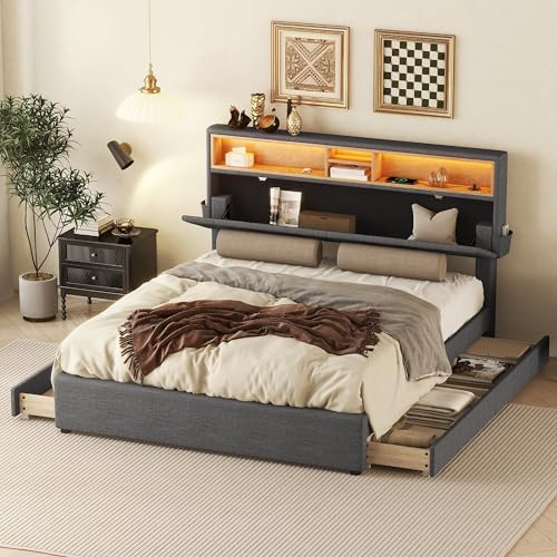 Soweiz Doppelbett, Polsterbett, Stauraum, Kopfteil, Bett mit USB-Aufladung und LED-Beleuchtung, Funktionsbett mit Vier Schubladen,140 x 200 cm (grau)
