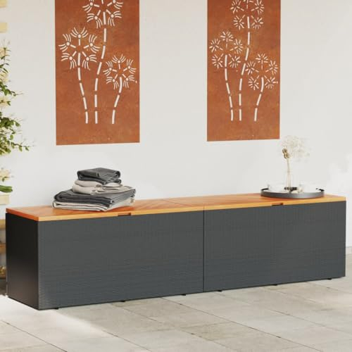 Homgoday Gartentruhe Gartenbox mit Stauraum Sitztruhe Kissenbox Auflagenbox Aufbewahrungsbox Kissentruhe Auflagentruhe Aufbewahrungsschrank Schwarz 220x50x54 cm Poly Rattan Akazienholz