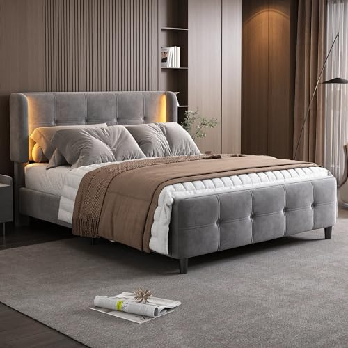 Soweiz Juego de dormitorio completo, cama tapizada moderna+1 mesita de noche+taburete, cama doble con orejas laterales de 16 colores, mesita de noche, terciopelo, gris (140 x 200 cm) (140 x 200 cm,