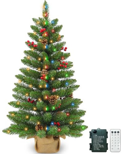 3 ft Artificial Mini Christmas Tree, Remote Control and Timer, Tabletop Small Christmas Trees 50 Warm White&Colorful Dual Color Lights 110 Tips 12 Pinecones 12 Red Berries Burlap Base Home Xmas Decor