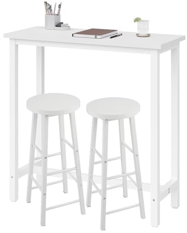 WOLTU Tavolo Alto con 2 Sgabelli, Set Pranzo per Cucina, Sala da Pranzo, Isola da Cucina, Sgabelli Rotondi, Struttura in Metallo, Design Industriale, Bianco