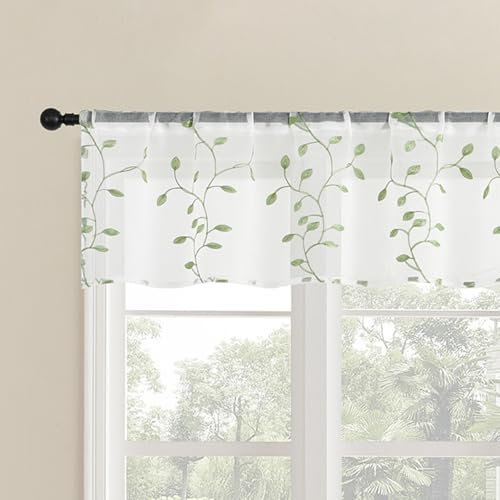 Lirzxin Küche Bistrogardine, Scheibengardine Transparent Küchenvorhänge Gestickt Zweige Blätter Polyester Fensterschal für Küche Wohnzimmer Landhaus, 132x114.5CM, Grün, 2er Set
