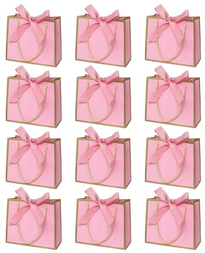 12 Stück Mini Geschenktüten Mit Henkel, Kleine Rosa Geschenktüten für Geburtstag Hochzeit (14× 6× 12cm)