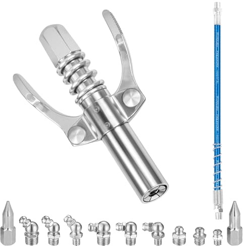 YFPOPONE Fettpressen-Kupplungs-Set, Doppelgriff-Fettpressen-Kupplung, Schnellverschluss, mit 30 cm Schlauch und 11 Fettnippeln, sortierte Fettkupplung für Fettpresse, Kupplung, 0,3 cm NPT-Anschluss