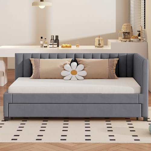 Moimhear Polsterbett 90x200cm, Ausziehbares Schlafsofa, Multifunktionsbett mit Lattenrost, Jugendbetten Kinderbetten Gästebetten, Samtstoff (Grau)