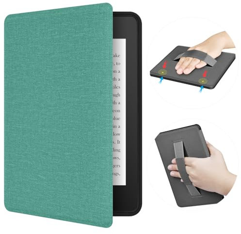 ERUNTO Hülle für 7 Zoll 12. Kindle Paperwhite, Signature Edition und Kindle Colorsoft. TPU-Hülle mit Stoffstruktur und Handgurt, doppelseitige Magnetschale mit Weck-/Schlaffunktion (Grün)