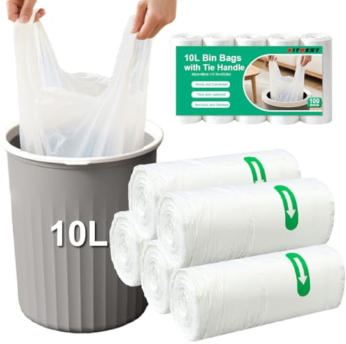 KITBEST Small Bin Bags 10L Tie Handle, 100 Plastic Pedal Trash Liners Thick | Strong, Clear Garbage Rubbish Waste Bag for Bathroom Toilet Bedroom Office Kitchen, Unscented, White, 45×60cm