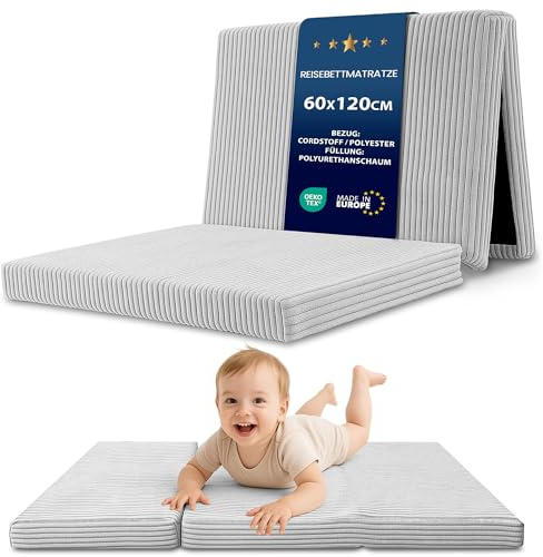 Fällbar Madrass Barn Vikbar 60x120 cm Gästmadrass Golvmadrass Barnrum Resemadrass Portabel Kompakt Avtagbart Överdrag Tvättbart Oeko-Tex certifikat Ljusgrå
