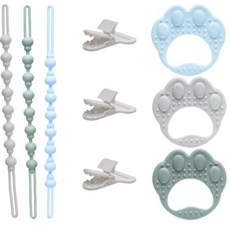 3 STK Schnullerkette Silikon Junge Mädchen, Schnuller Ketten Halter Dummy Clips, mit 3 Beissring Baby, Geschenk für Neugeboren, um den Schnuller sauber zu halten