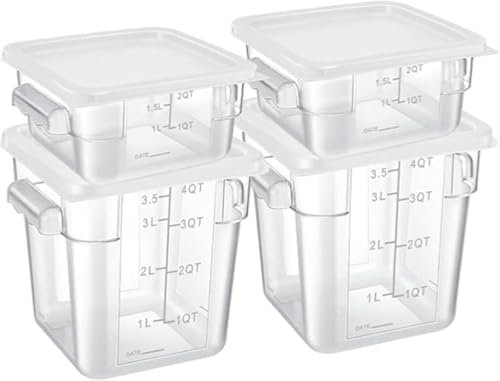 4 Pcs Food Storage Containers with Lids 2 and 4 liter Clear Plastic Commercial Container Set with Scales Handles for Home Restaurant Fridge Freezer Kitchen Brining Food, Proof Dough, Marinating Meat
