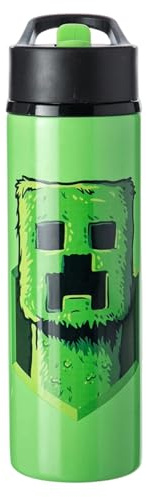 HOX Minecraft Movie Creeper Bouteille de sport isotherme en plastique sans BPA avec rabat en acier inoxydable – Anti-déversement et boucle de transport – Garde au froid pendant 24 heures et au chaud