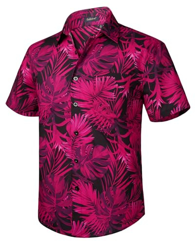 QWEFVB Enlison - Camicia hawaiana da uomo, a maniche corte, casual, estiva, da spiaggia, con bottoni floreali, tropicali, hawaiane, Camicia hawaiana foglia rosa caldo, 4XL