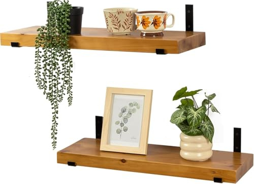 Gieanoo Wandregal Holz,2 Stück Rustikale Schweberegal, Massivholz Bücherregal Holzregale mit schwarzen L-Halterungen, ideal für Wohnzimmer,Küche, Büro 60cm