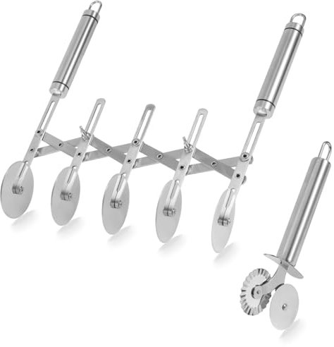 5 Wheel Professional Pastry Cutter & Stainless Steel Double Cutter, Multifunctional Dough Knife Roller Divider Accordion Pizza Slicer with Handle for Baking Ravioli Pasta Noodles Kitchen Tool (Silver)