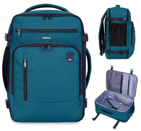 ECOHUB Ryanair Mochila Viaje Cabina Avion 40x20x25 Maletas de Viaje Cabina Bolsa de Viaje Bolso del Ordenador Portátil Maleta de Mano Under Seat Eco PET Mochila para Equipaje de Mano 20L, Azul-verde