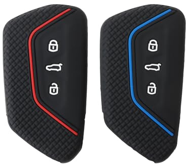2 Stück 3 Tasten Autoschlüssel Hülle Silikon Cover, kompatibel mit VW Golf 8, E-Golf, ID3, ID4, GTI, GTE, SEAT, Skoda, Cupra, Autoschlüssel Schutz, Silikon Schlüsselhülle (Schwarz Rot,Schwarz Blau)