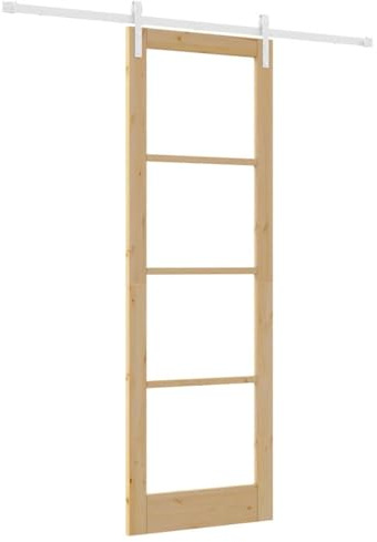 vidaXL Puerta Corredera con Juego de Herrajes Orkdal Madera Sólida y Vidrio Natural y Blanco 78X232 cm Interior para Dormitorio Sala de Estar Pasillo Componentes Ajustables Interior Madera Moderna E