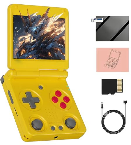 RG34XXSP Consola de Videojuegos Portátil de Mano 64G con 5490+ Juegos Retro Incorporados, Consola de Juegos Retro Sistema Linux, Pantalla IPS de 3,4″, 720*480, Joystick Dual 3D (Amarillo)