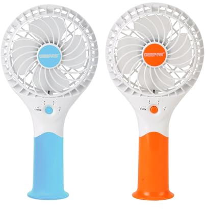 GEEPAS Rechargeable Fan - Pack of 2 | Mini Portable USB Handheld Fan for Home Office Travel Outdoor Personal Use | 3 Speed Settings 8Hr Run Time | Ultra Quiet Air Circulator | Orange & Blue
