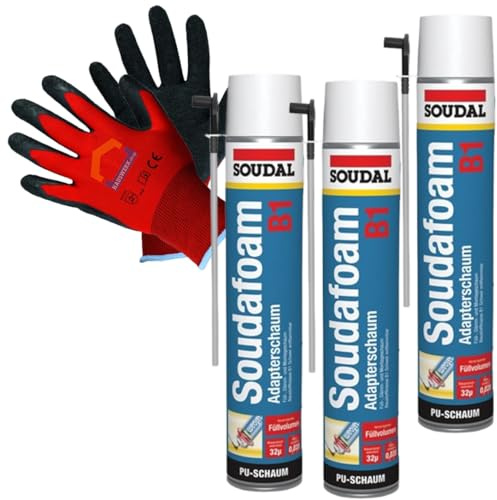 SET SOUDAL Profi Montageschaum B1 Schwerentflambar 3 x 750 ml + Hauswerk.shop Arbeitshandschuh