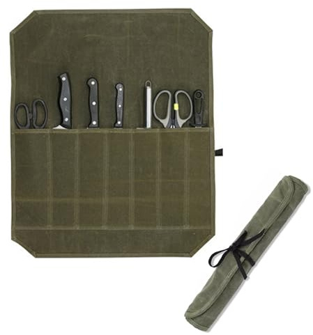 Chefs Knife Roll Bag,7 Slots Waxed Canvas Knife Bags,Chef Knife Roll Bag Storage for Traveling Camping Hiking Home Kitchen