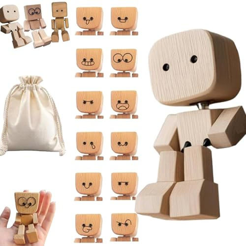 Homme en bois vacillant, figurine de voiture, fabriquée à la main, décoration de tableau de bord, avec expressions faciales, charmante petite figurine en bois, oscillant avec 12 pressions de