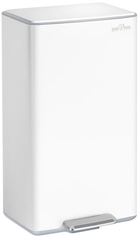 mVm 40L Kitchen Bin, Stainless Steel Pedal Rubbish Bin, White | Bin with Soft Close Lid and Removable Inner Bucket, Fingerprint Proof & Odour Seal, Slim Recycling Waste Bin for Home& Office