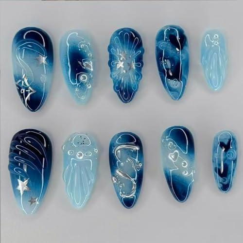 Blue Almond False Nails, 10-Piece Celestial Gradient Nail Tip Set | Glossy Surface, Translucent Sections, Silver-Coloured Stars, Raised Details, At Home And For Summer Outfits Or Social Events