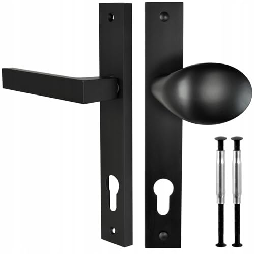 ALSTEN TECH Türbeschlag Drückergarnitur Türgriff Langschild Aluminiumguss Mattschwarz PZ 90 mm Abstand 195 mm Klinke links Knauf rechts für Außentüren Gartentore Hoftüren