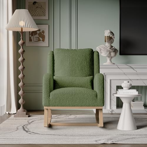 CXHLXYR Sillón moderno con base de madera y cojín lumbar, acolchado Rocking Chair con bolsillo lateral y apoyabrazos, mecedora de lactancia, para salón, oficina o dormitorio(verde oscuro, 3)