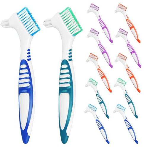 HANABASS 12pièces Brosse à Dents Double Face pour Prothèses et Supports Lot Manche Ergonomique pour Seniors Usage Domestique et Voyage