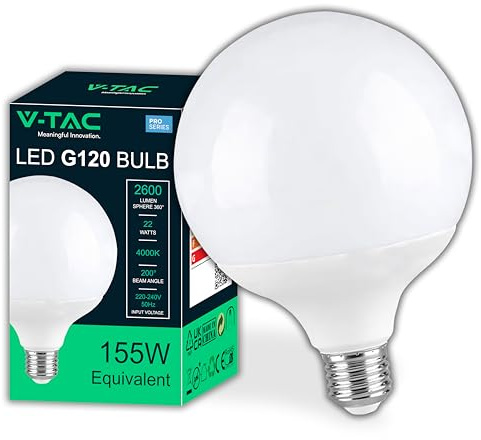 V-TAC Bombilla LED Globo E27-22W (Equivalente a 155W) G120-2600 Lumen - Bombilla LED Máxima Eficiencia y Ahorro Energético - 4000K Blanco Neutro