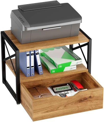 IBUYKE 2 Tier Desktop-Drucker Stand, Mehrzweck-Schreibtisch-Organisator, hölzerne Drucker Stand mit Schublade Lagerung für Ordner, Bücher, für Faxgerät, Scanner, Home Office,Oak TLJ006K