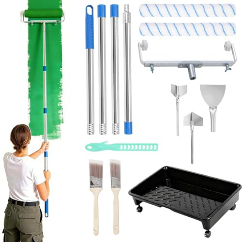 LZEXIN 18-Inch Paint Roller Set, Large Adjustable Paint Roller Frame with 2pcs 18inch Paint Rollers, Paint Roller Tray with Wheels, 4 Extension Poles, 2 Brushes, 3 Putty Knives, Paint Stirrer