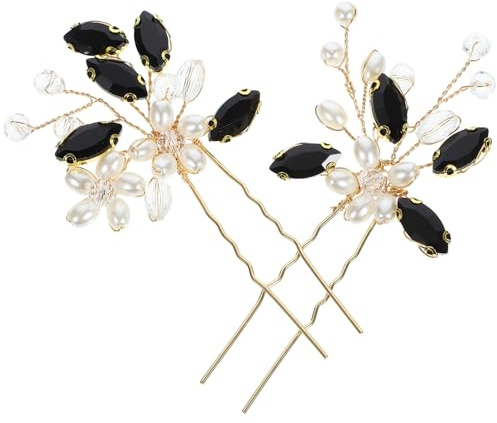 Veemoon Fourchettes à Cheveux pour Chignons en Métal Noir et Doré, Paire de 2 Bâtonnets Décoratifs en Perles, Accessoires Coiffure Vintage pour Femmes, Mariage et Cérémonie