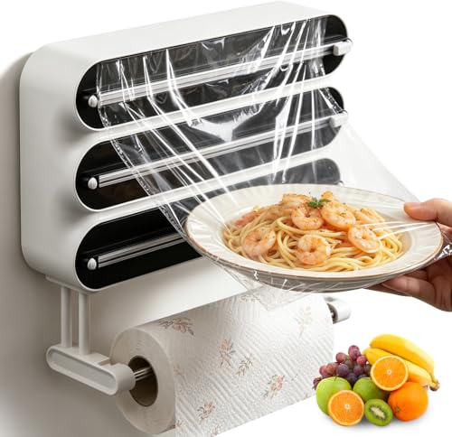 Frischhaltefolienspender mit Küchenrollenhalter Folienschneider Schwarz | 4 in 1 Wandrollenhalter Küche mit Alufolienspender Frischhalte, magnetisch & ohne Bohren, für Frischhaltefolie & Alufolie