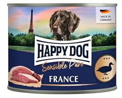 Happy Dog Sensible Pure France (Ente) 6 x 200 g | Monoprotein-Nassfutter mit 70 % reinem Ente, getreide- und sojafrei, Rezeptur ohne Zuckerzusatz, für sensible Hunde