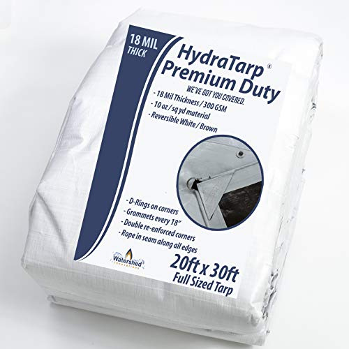 Watershed Innovations HydraTarp 20 Ft. X 30 Ft. Premium Heavy Duty Waterproof Tarp - 18mil Thick - White/Brown Reversible Tarp with D-Rings