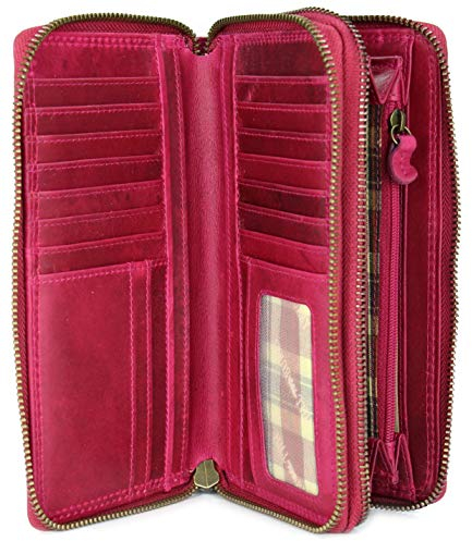 Hochwertige XXL Vintage Leder Damen Geldbörse Portemonnaie langes Portmonee Geldbeutel Organizer aus weichem Leder mit extra vielen Fächern inkl. RFID in pink - 20x11x3,5cm (B x H x T)