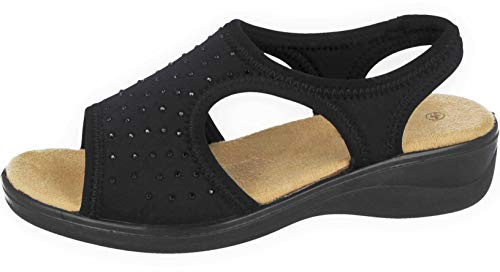 Yinka Shoes Ladies Stretch Canvas Diamante Wide Fit Lightweight Comfort Peep Toe Elastic Sling Back Flat Summer Sandals Size 3-8 (Black, Numeric_8)