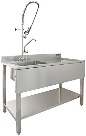 KuKoo Gastro Profi Edelstahlspüle 1 Becken Links Spültisch Spülbecken Gastrospüle Spüle Spülbecken Waschbecken Abtropffläche Rechts 120cm L x 60cm B x 105cm H Geschirrbrause Armatur mit Wasserhahn