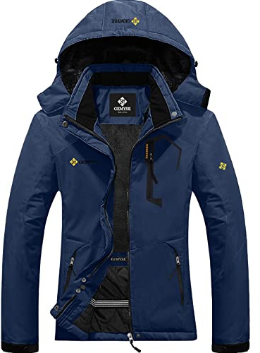 GEMYSE Chaqueta de Esquí Impermeable de Montaña para Mujer Abrigo de Invierno de Lana Antiviento con Capucha (Marina,M)