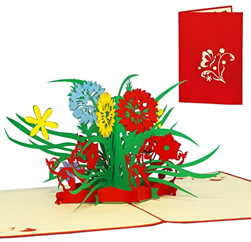 LINPOPUP® POP-UP Karte Wildblumen – 3D Blumenstrauß Glückwunschkarte für Geburtstag & Muttertag – Grußkarte mit Blumenmotiv – Klappkarte N338