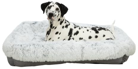 Trixie Hundebett Harvey, mit Plüsch – 100 x 75 cm, grau/weiß/schwarz | Wuschlig-weiches Liegekissen, waschbar – für mittelgroße Hunde, rutschfester Boden für sicheren Stand