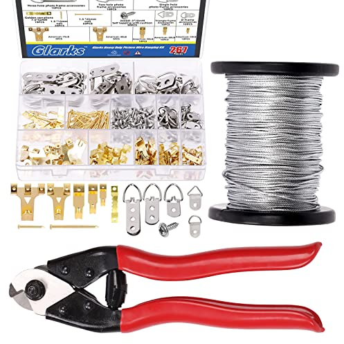Glarks Kit de suspension robuste de 267 pièces, fil tressé de 5,9 m et coupe-câble de 20,3 cm avec vis, assortiment de crochets pour accrocher des cadres photo, miroir mural