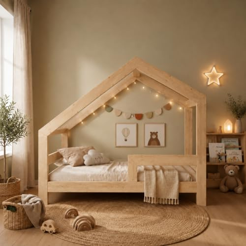 Need Sleep Kinderbett Haus Hausbett 90x200 cm mit Rausfallschutz Kinder Montessori Bett Kleinkind Juniorbett ab 2 Jahre Jungen Mädchen Holz Einzelbett für Kinderzimmer Asymmetrisch